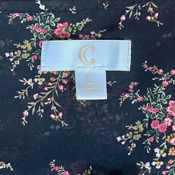 Charming Charlie | Black and Pink Floral Print Peasant Top | Large - Picture 3 of 9